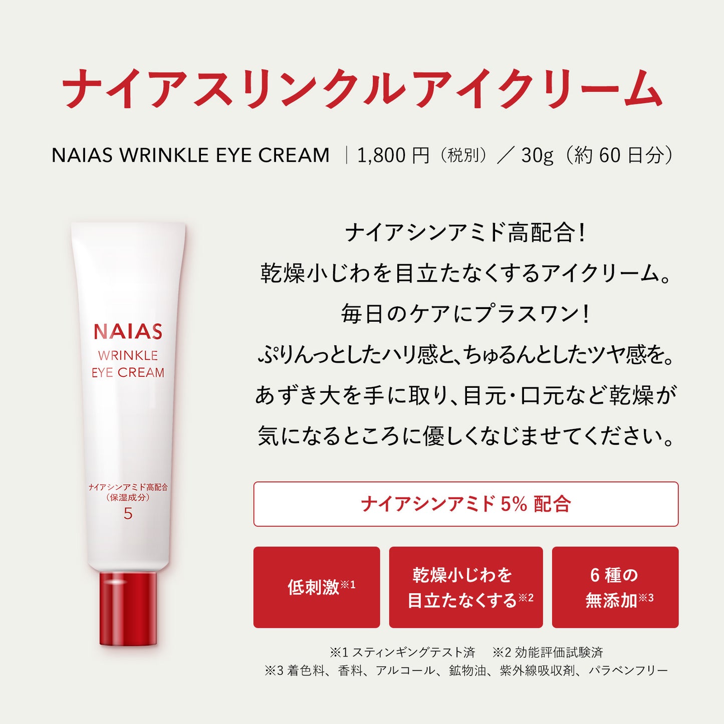 【高保湿設計】NAIAS リンクルアイクリーム ナイアシンアミド5% 高濃度配合アイクリーム 30g無添加・低刺激